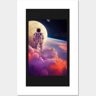 Astronaut flying in front of moon with red-purple clouds in space Posters and Art